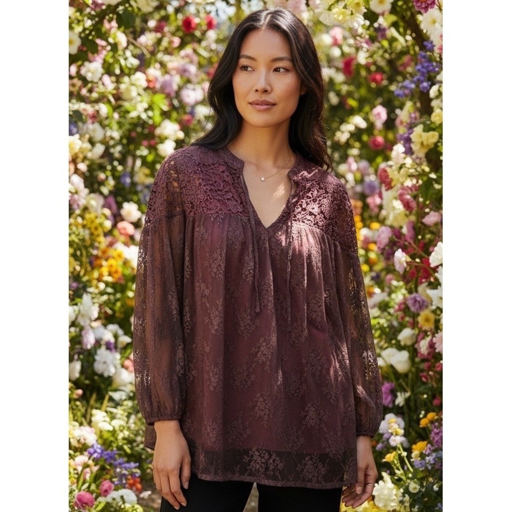 Andree by Unit Maroon Top Shirt Blouse Boho Bohemian Lace Size Small Tie NEW S